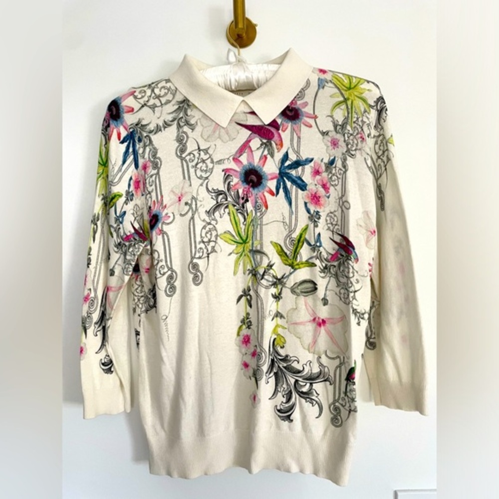 Ted Baker London Colorful Floral Bird Long Sleeved Collared Top Size 3 Medium